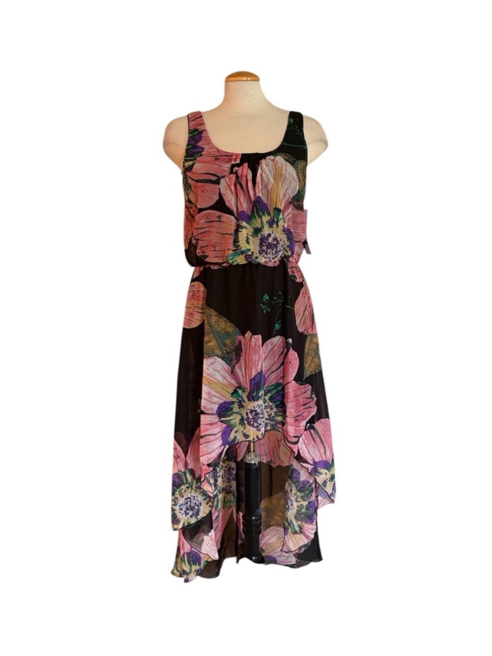 Snap Black High-Low Maxi Dress with Pink Floral Print